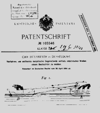 Deckblatt der Patentschrift mit kaiserlichem Adler, einem Eingangsstempel und einer Grafik des Radarprinzips