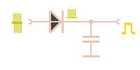 Schematic symbols for demodulation: a serial diode followed by parallel capacitor for rectification and filtering. You will see the envelope only on the oscilloscope screen.