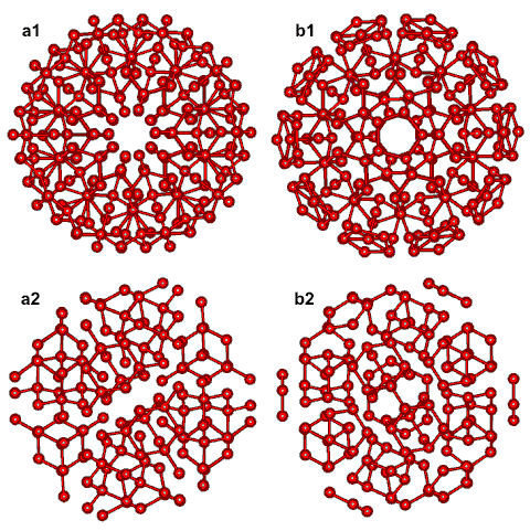 Icosahedral water clusters as made up from 14-water-molecule water tetrahedra (a1 and a2) or from water cyclic pentamers and tricyclo-decamers (b1 and b2)