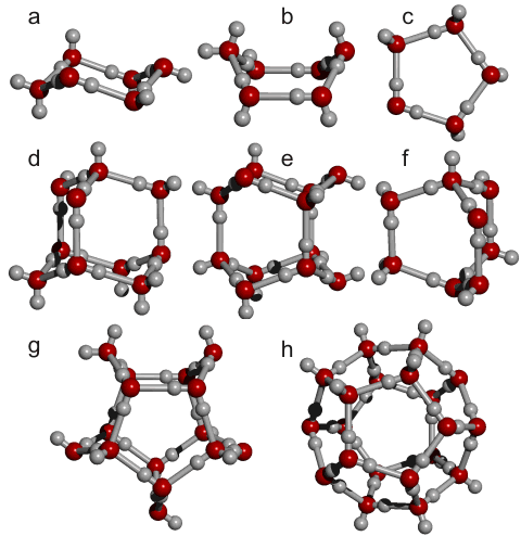 Structural forms found in the icosahedral water cluster; (a) chair-form hexamer; (b) boat-form hexamer; (c) cyclic pentamer; (d) decamer; (e) hexameric box; (f) octamer; (g) pentameric box; (h) dodecahedron