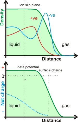 Density of interfacial water and concentration of ions at a liquid water-gas interface; charges are not meant to be exact representations